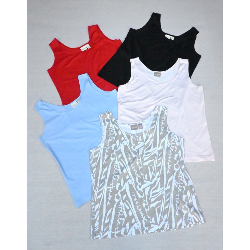 Chicos Lot of 5 Womens 2 L Tank Tops Red Black Pink Blue Taupe Print Scoop Neck
